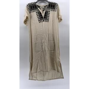 MADEWELL Women's Beige-Black Embroidered Paradise Raw Short Sleeve Dress SZ M